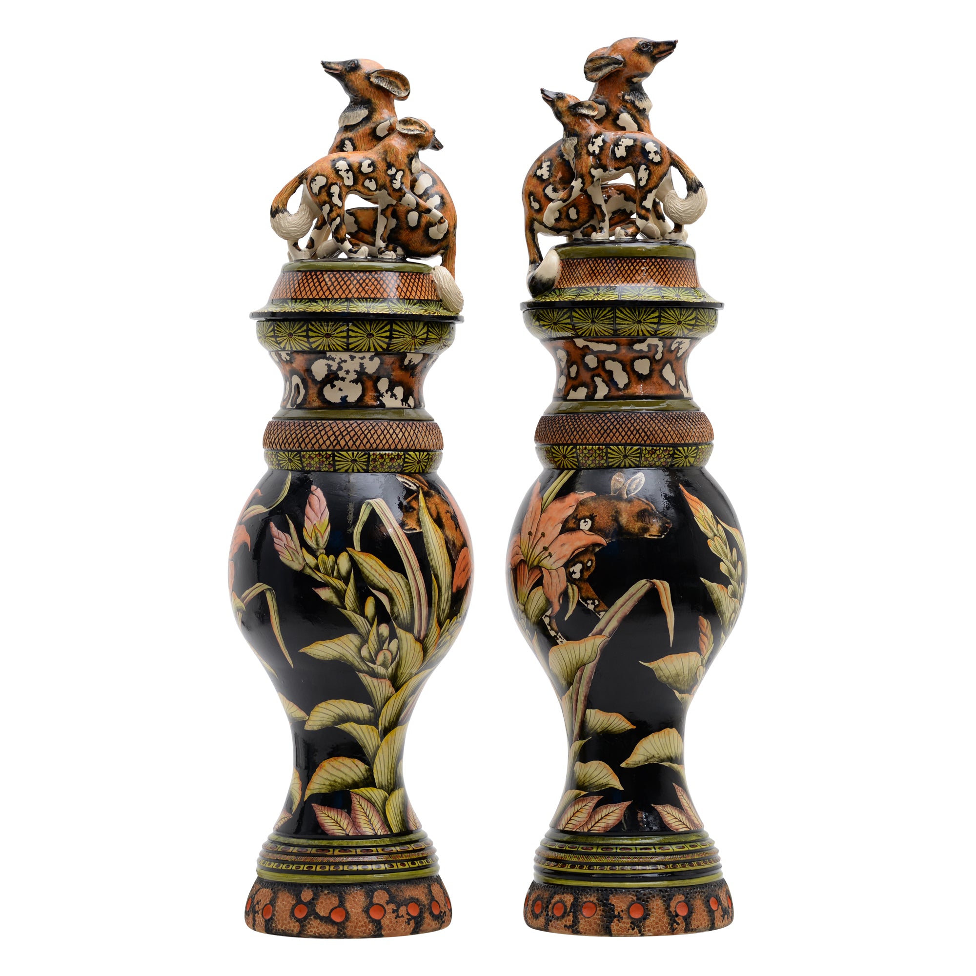 Pair Of Wild Dog Urns