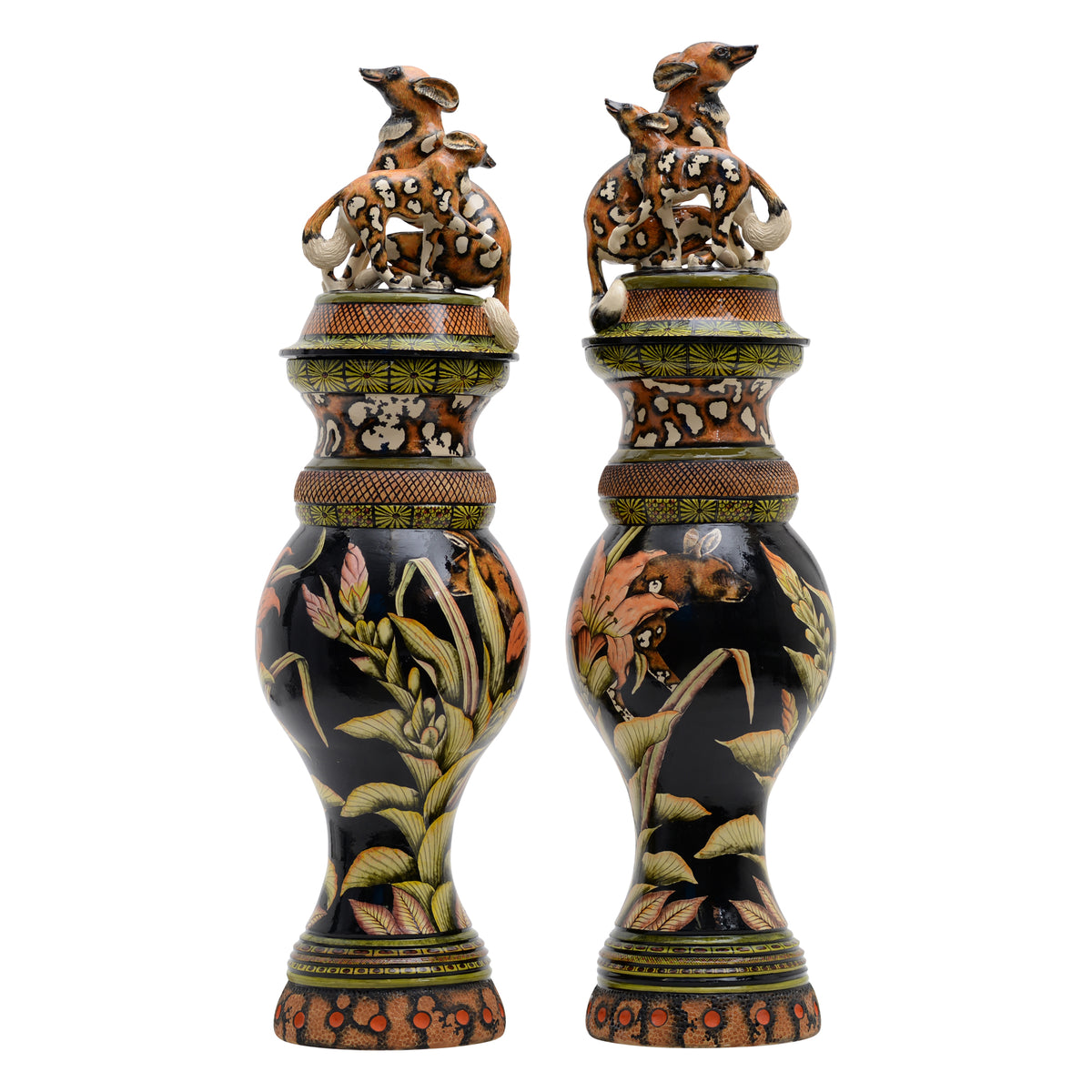 Pair Of Wild Dog Urns
