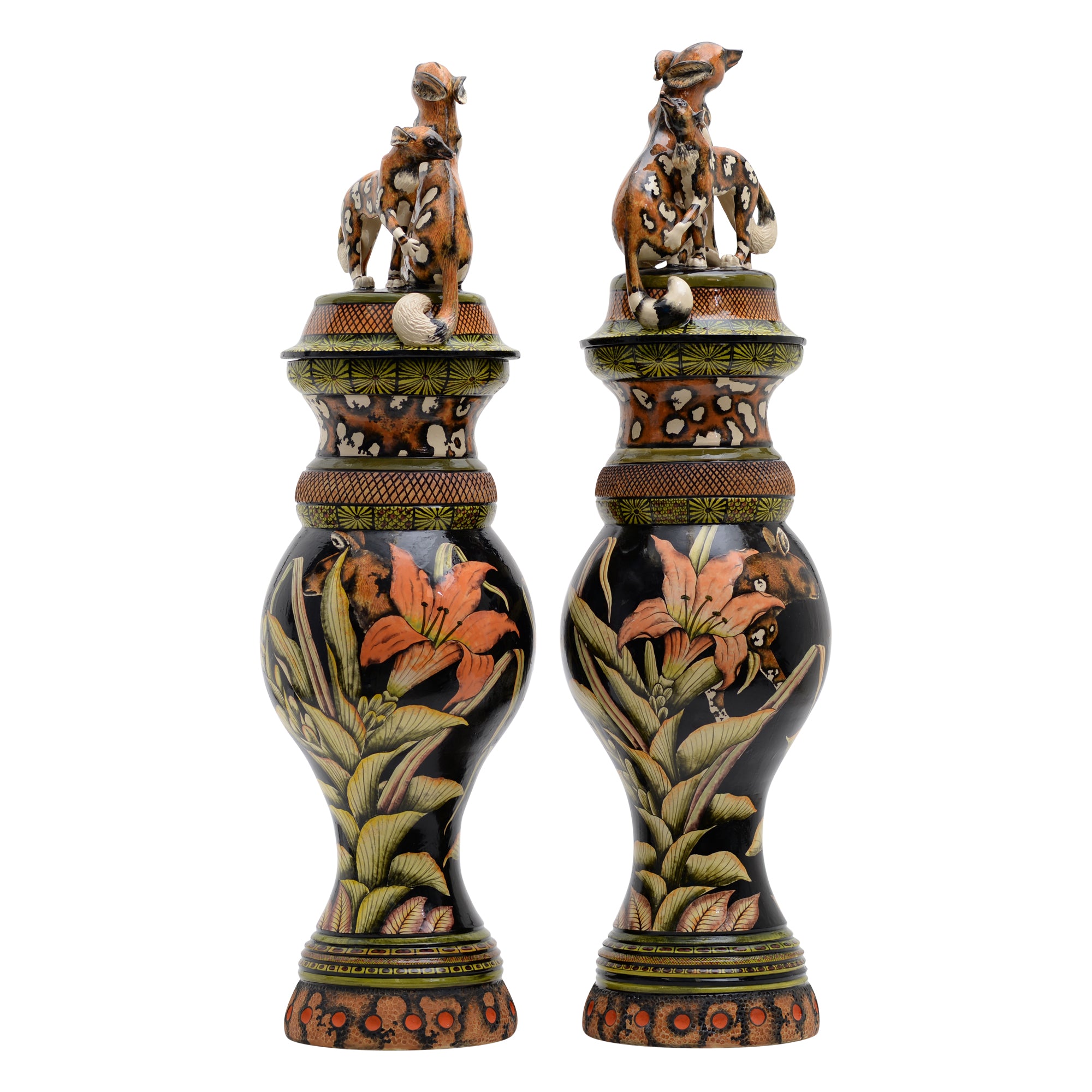 Pair Of Wild Dog Urns