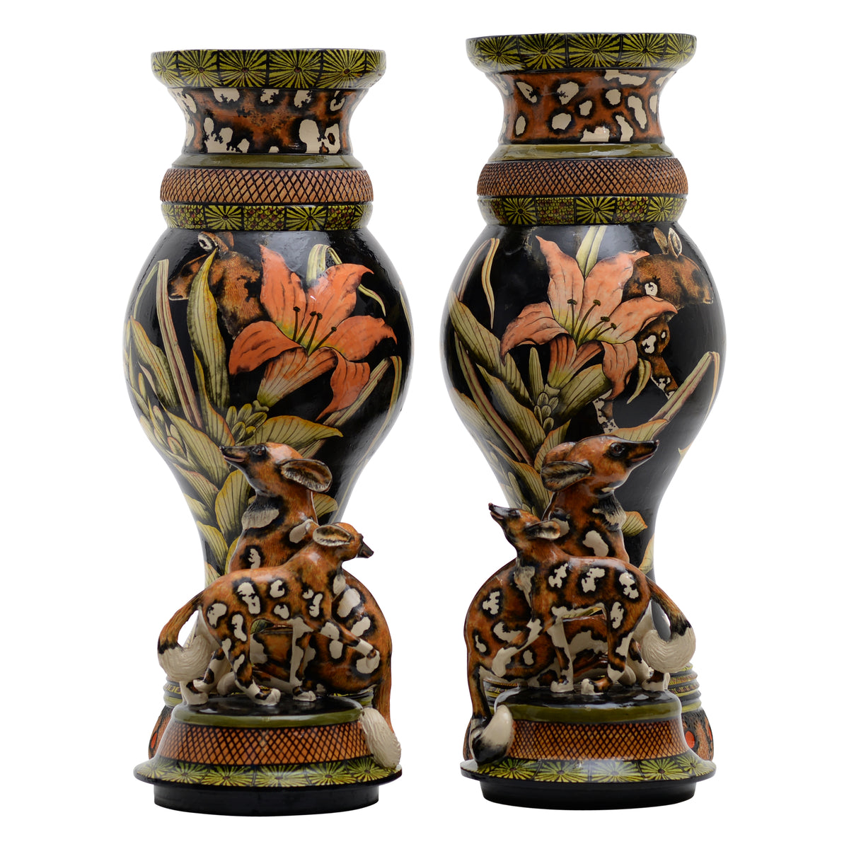 Pair Of Wild Dog Urns