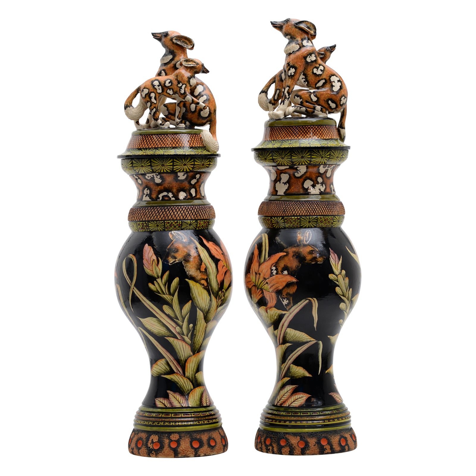 Pair Of Wild Dog Urns