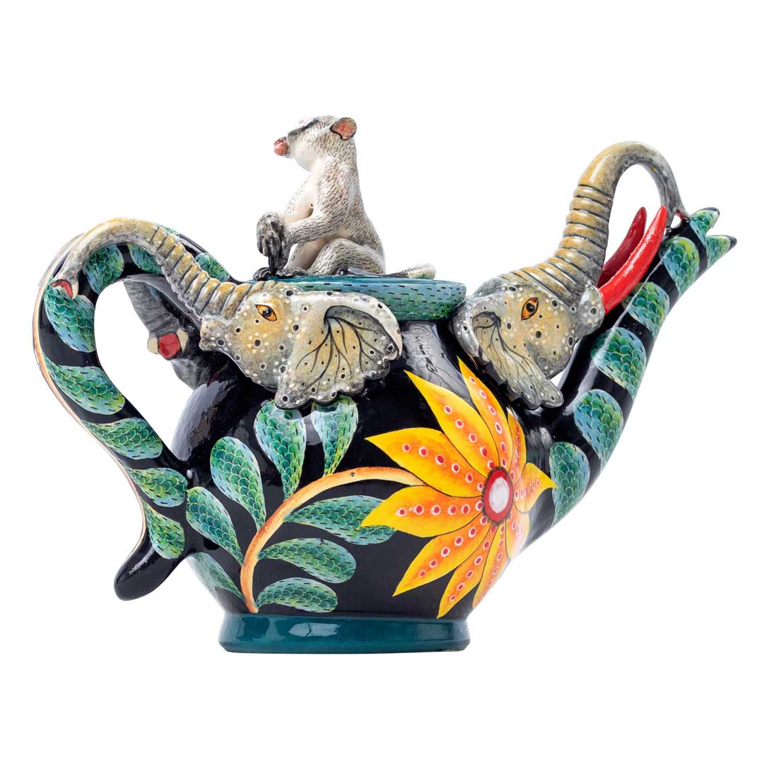 Elephant, monkey, flower, grey, blue, yellow teapot