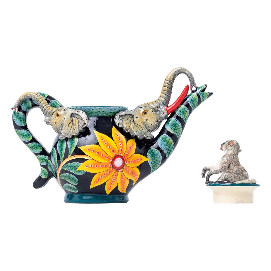 Elephant, monkey, flower, grey, blue, yellow teapot