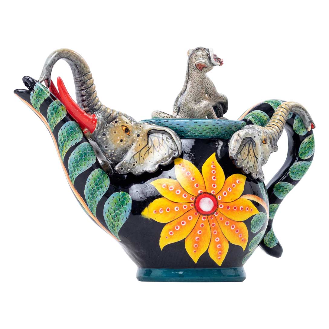 Elephant, monkey, flower, grey, blue, yellow teapot