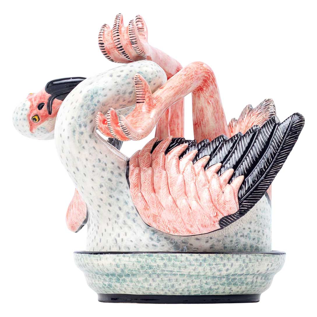 Flamingo, pink blue & black butter dish