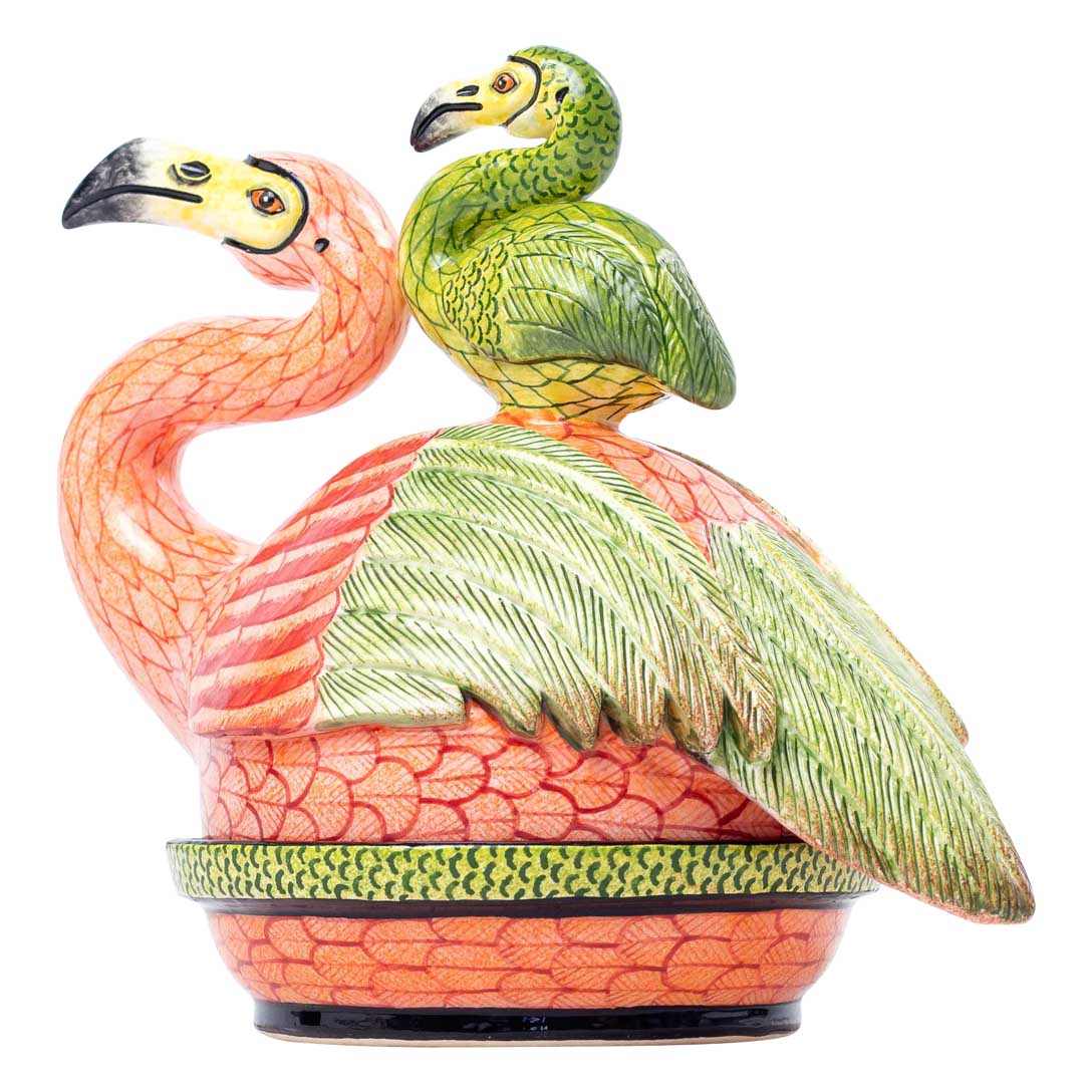 Flamingo, pink & green butter dish