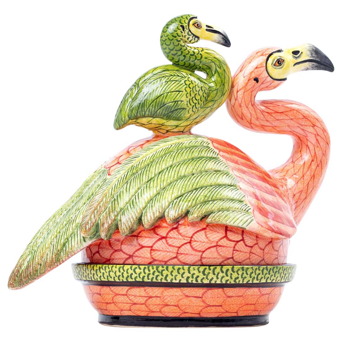 Flamingo, pink & green butter dish