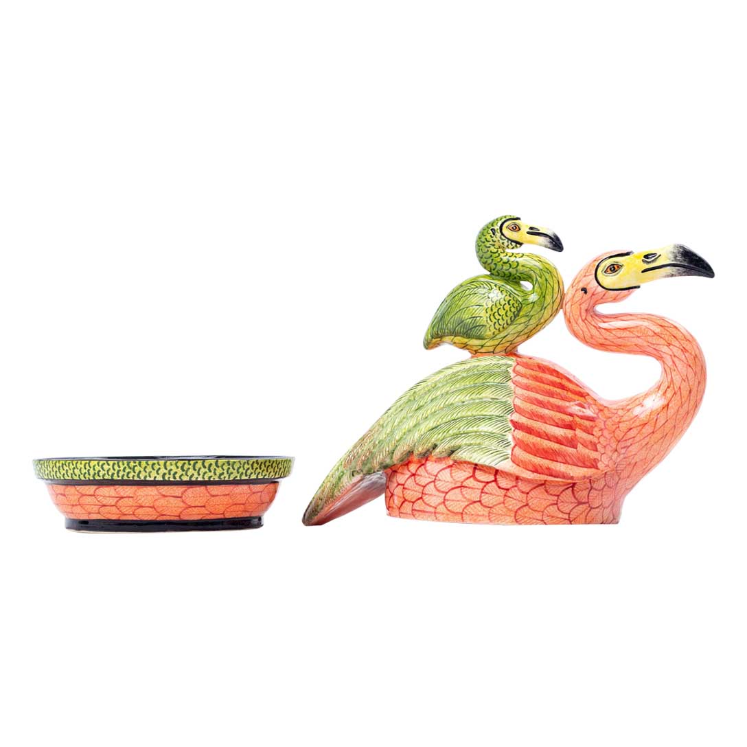 Flamingo, pink & green butter dish