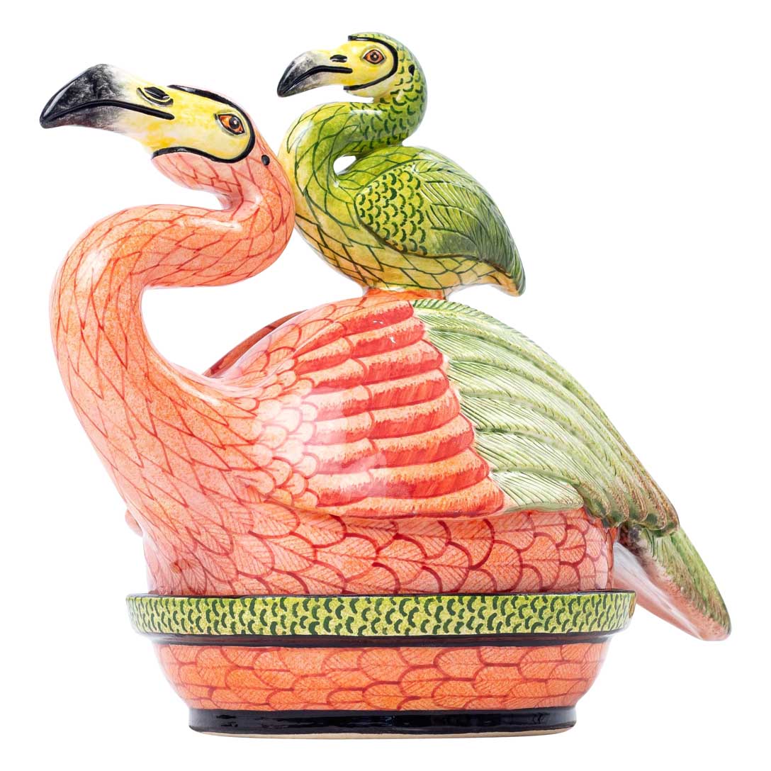 Flamingo, pink & green butter dish