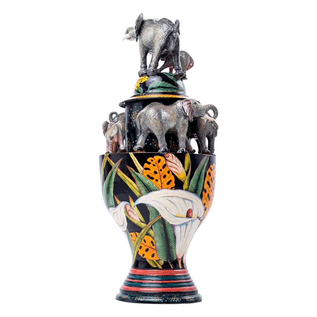 Elephant grey, orange, yellow & black urn