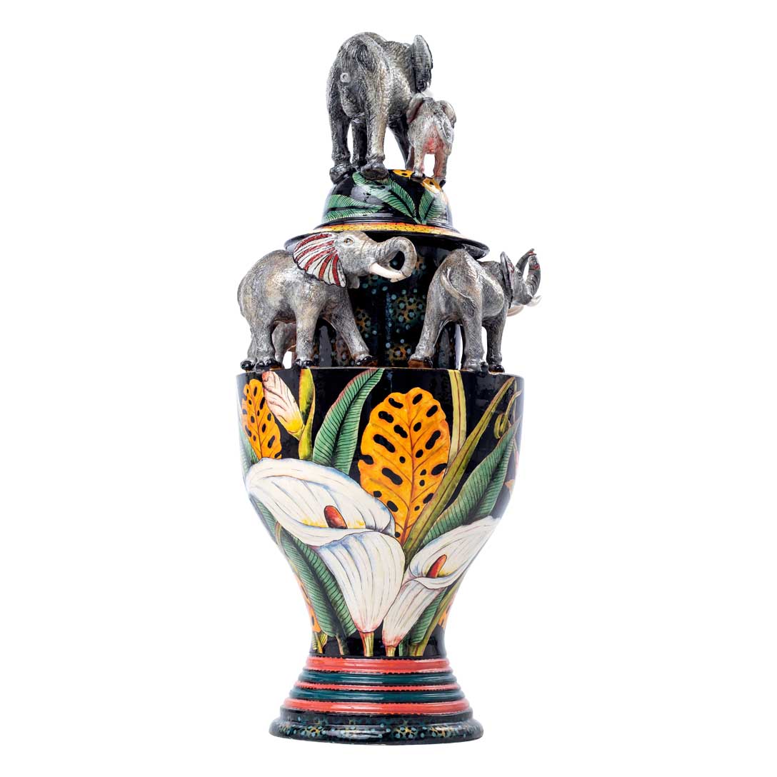 Elephant grey, orange, yellow & black urn