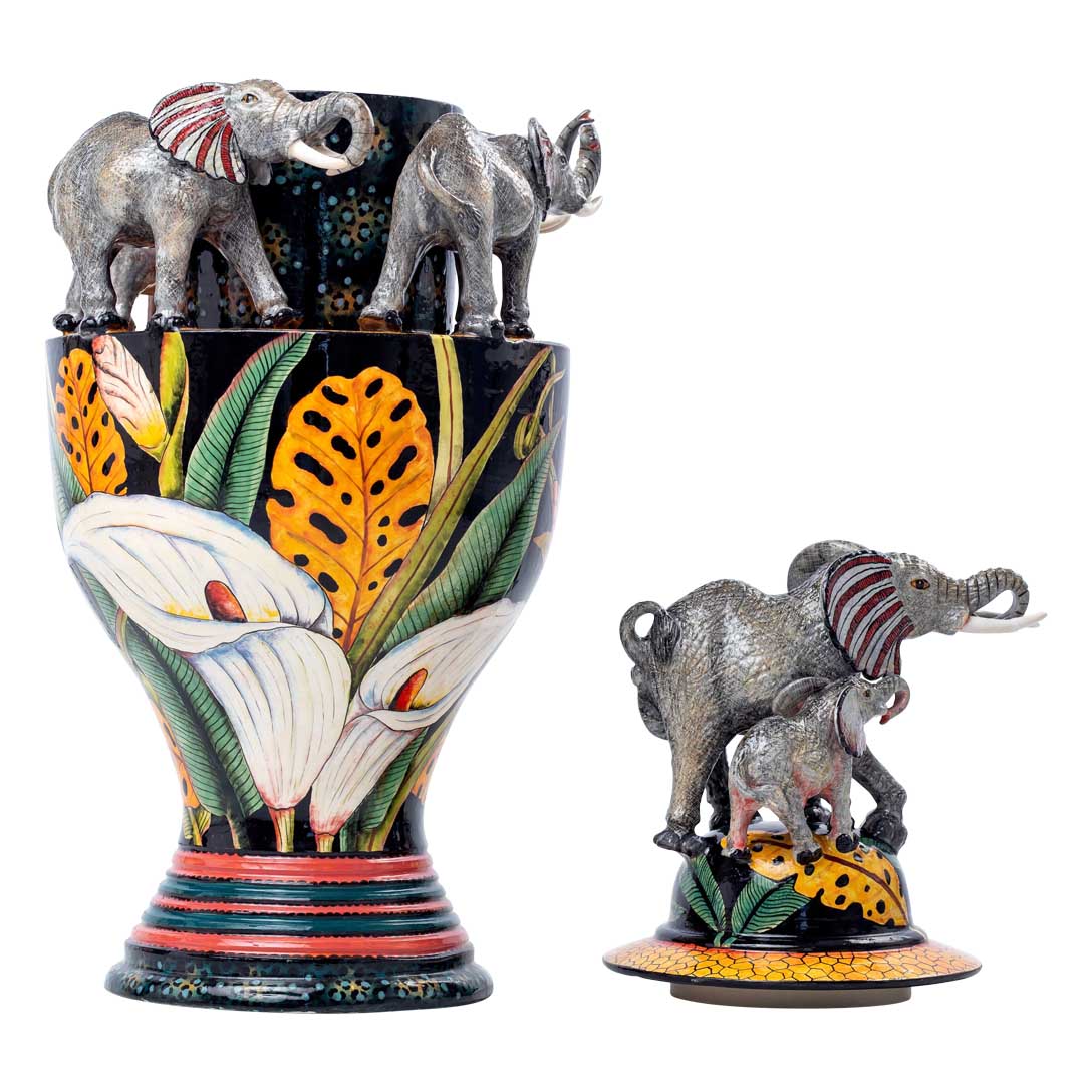 Elephant grey, orange, yellow & black urn