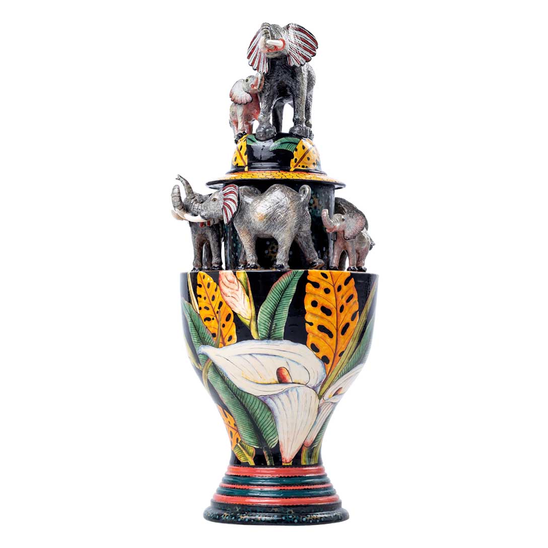 Elephant grey, orange, yellow & black urn