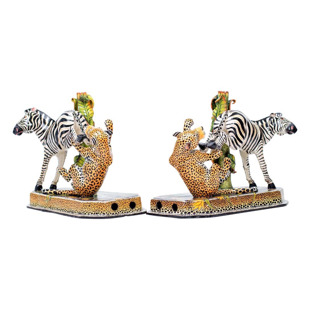 Pair of zebra & leopard candlesticks