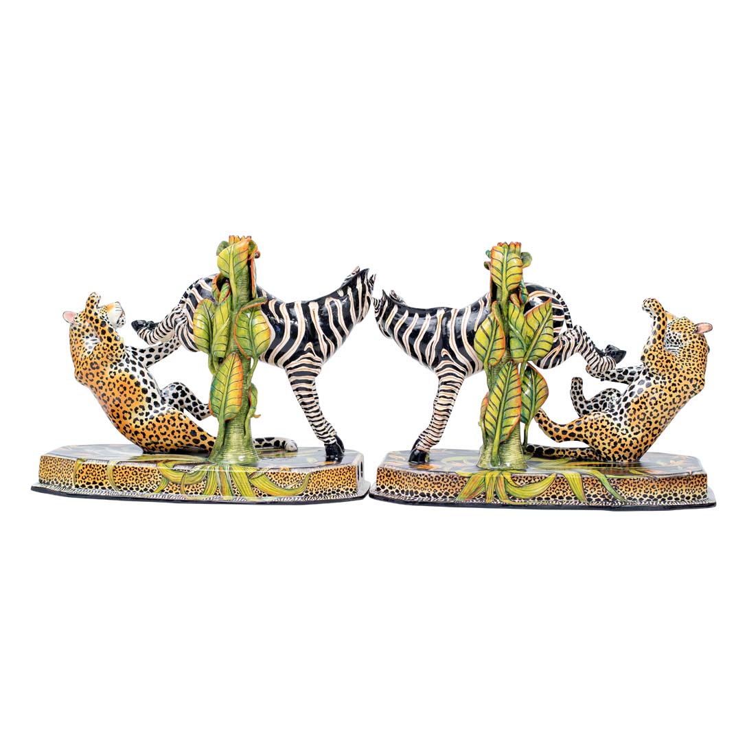 Pair of zebra & leopard candlesticks