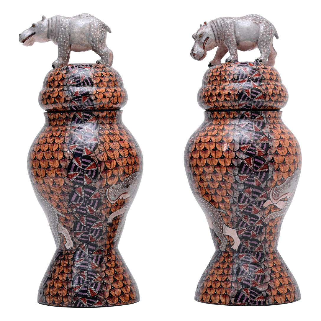 Pair of hippo urns