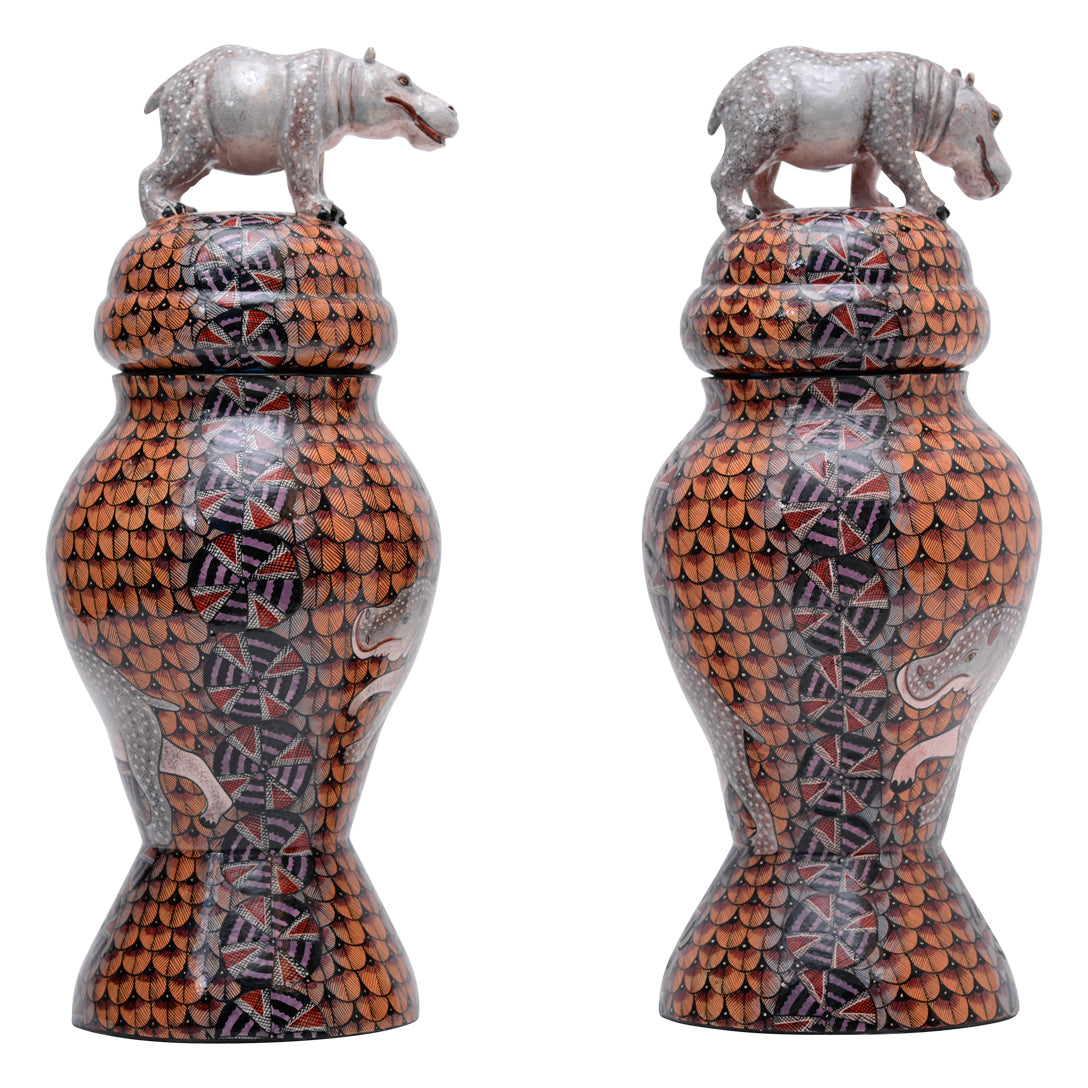 Pair of hippo urns