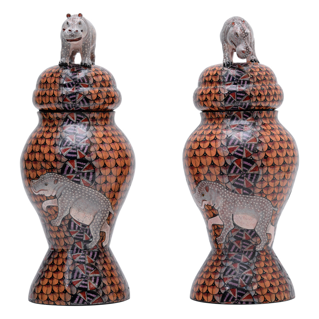 Pair of hippo urns