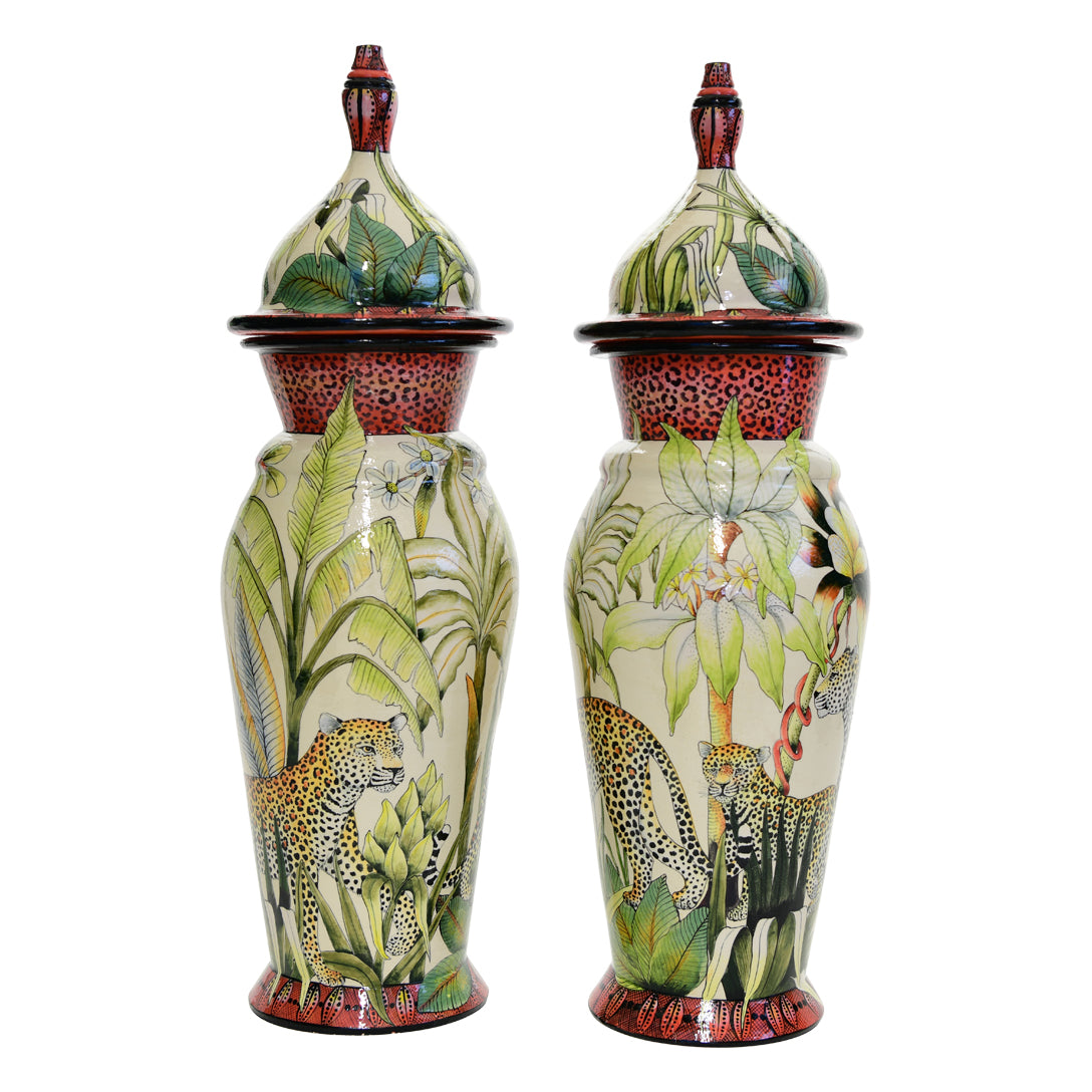 Pair of leopard urns