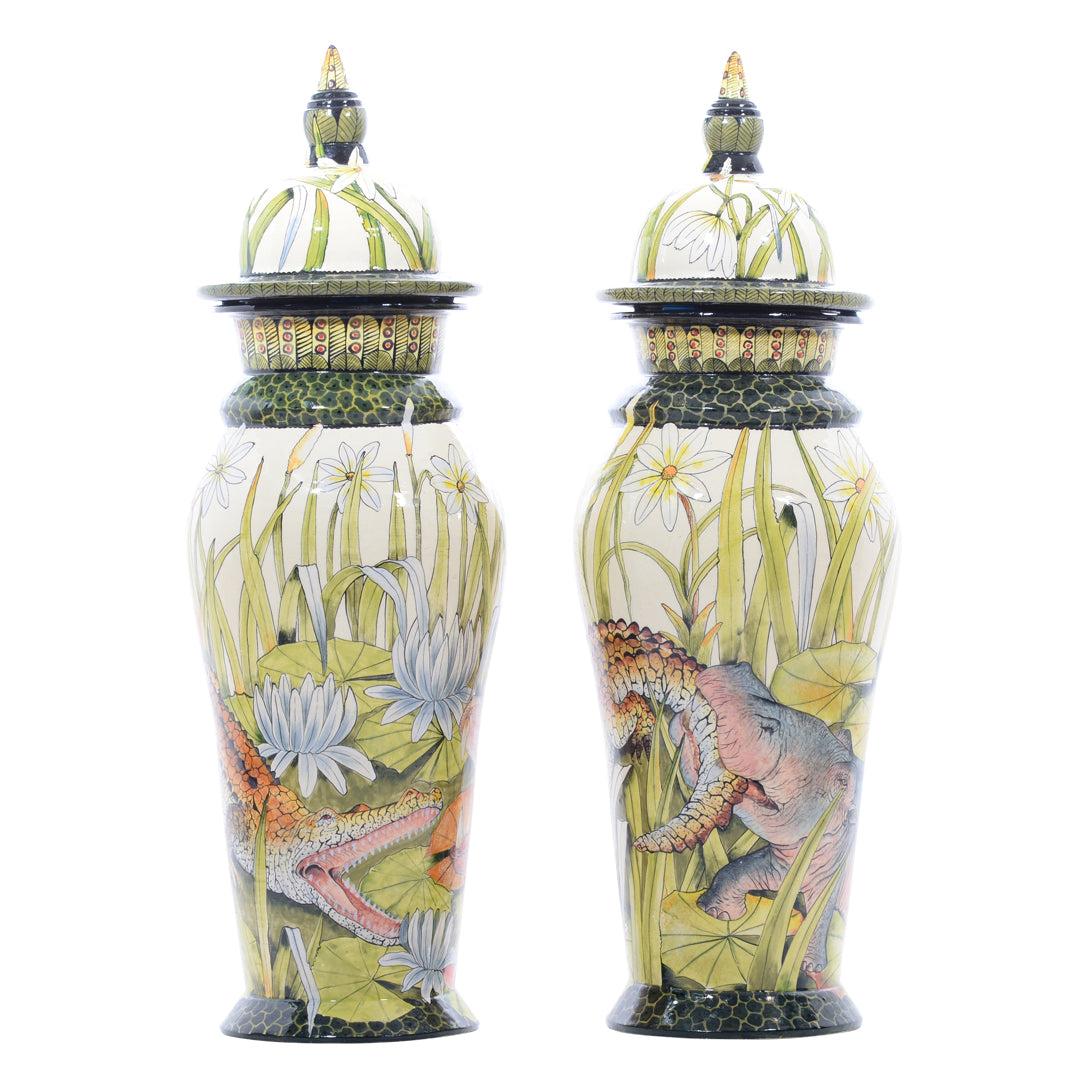 Pair of hippo & crocodile urns