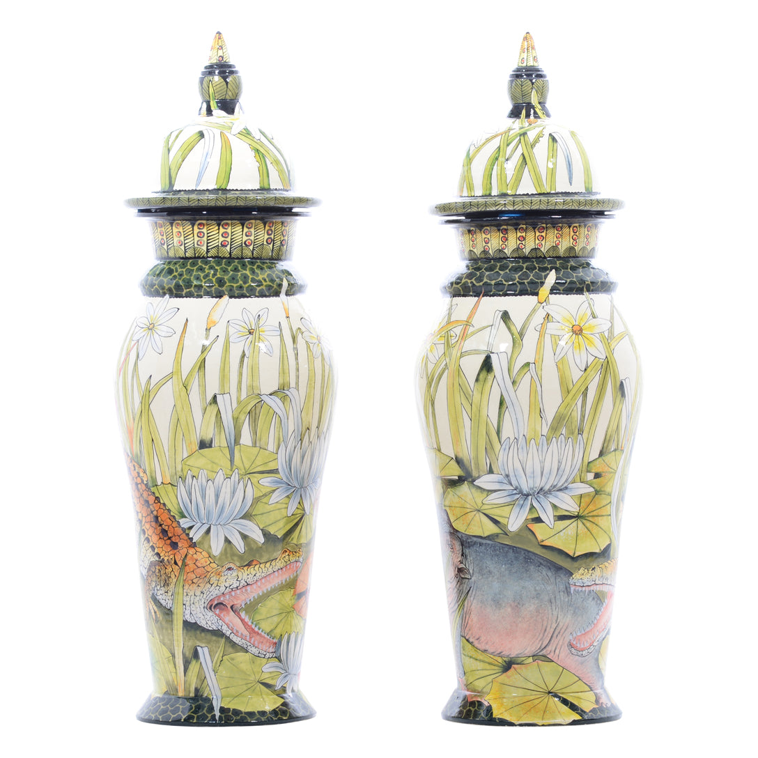 Pair of hippo & crocodile urns