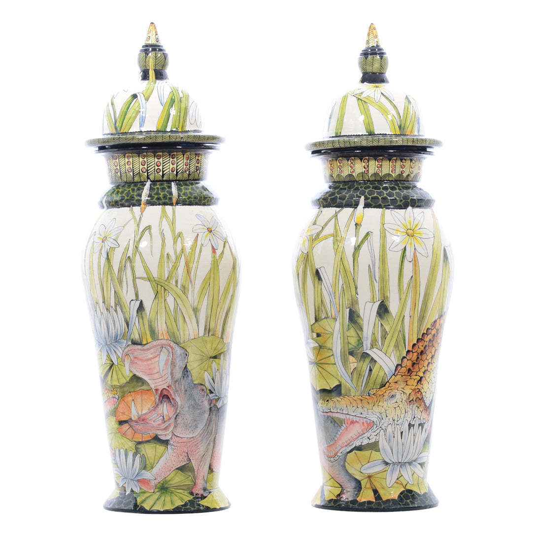 Pair of hippo & crocodile urns