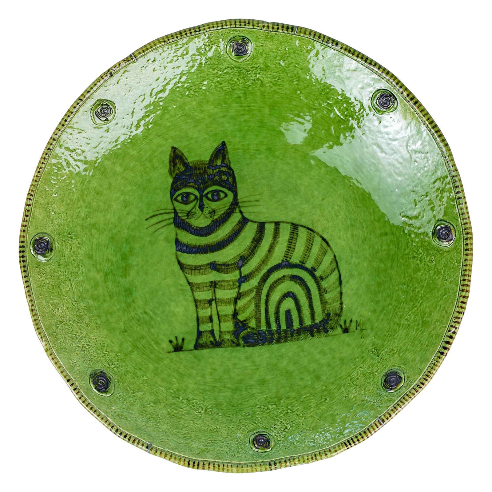 Green glazed cat plate