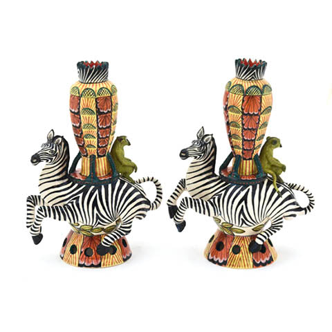 Pair of zebra & monkey candle holders