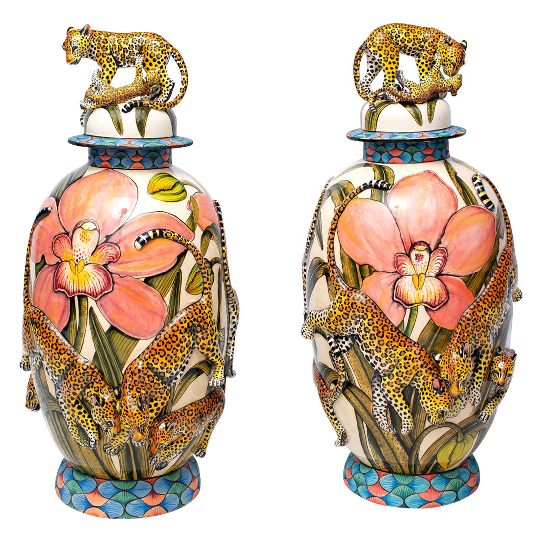 Leopard urns pair