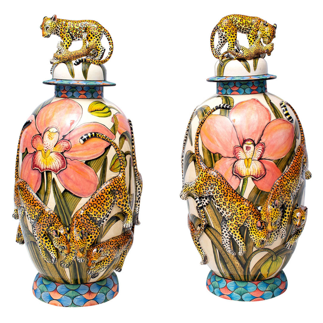 Leopard urns pair