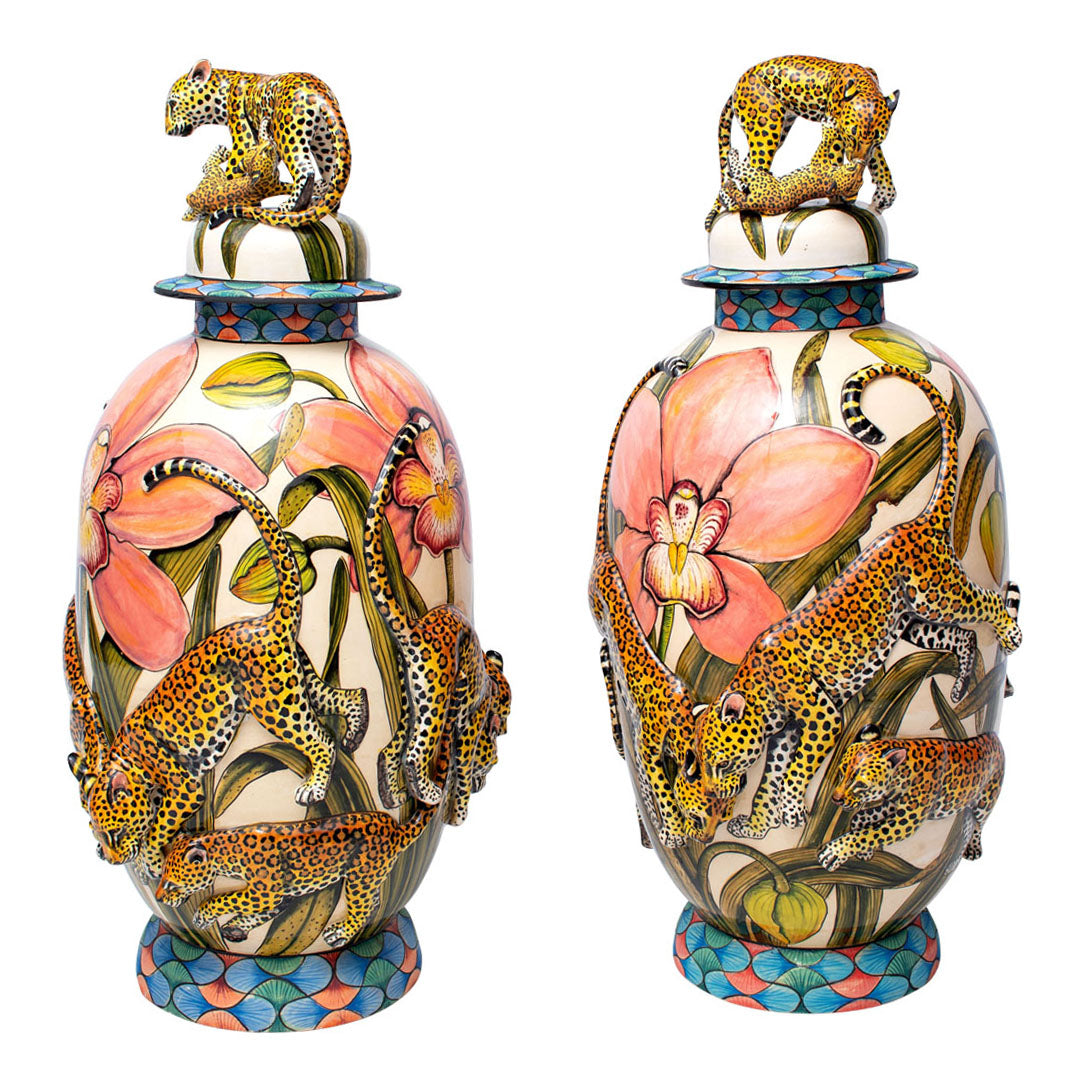 Leopard urns pair