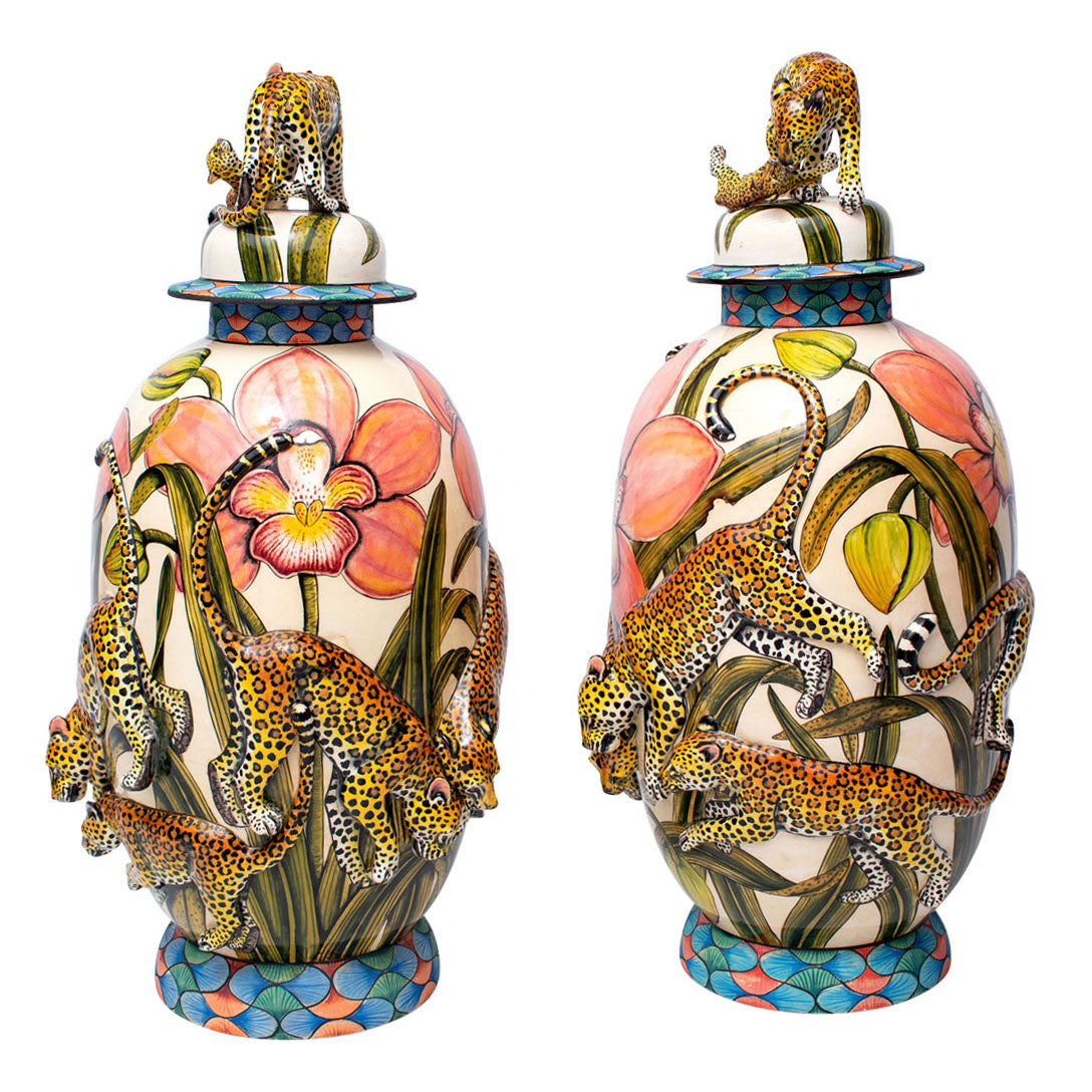 Leopard urns pair