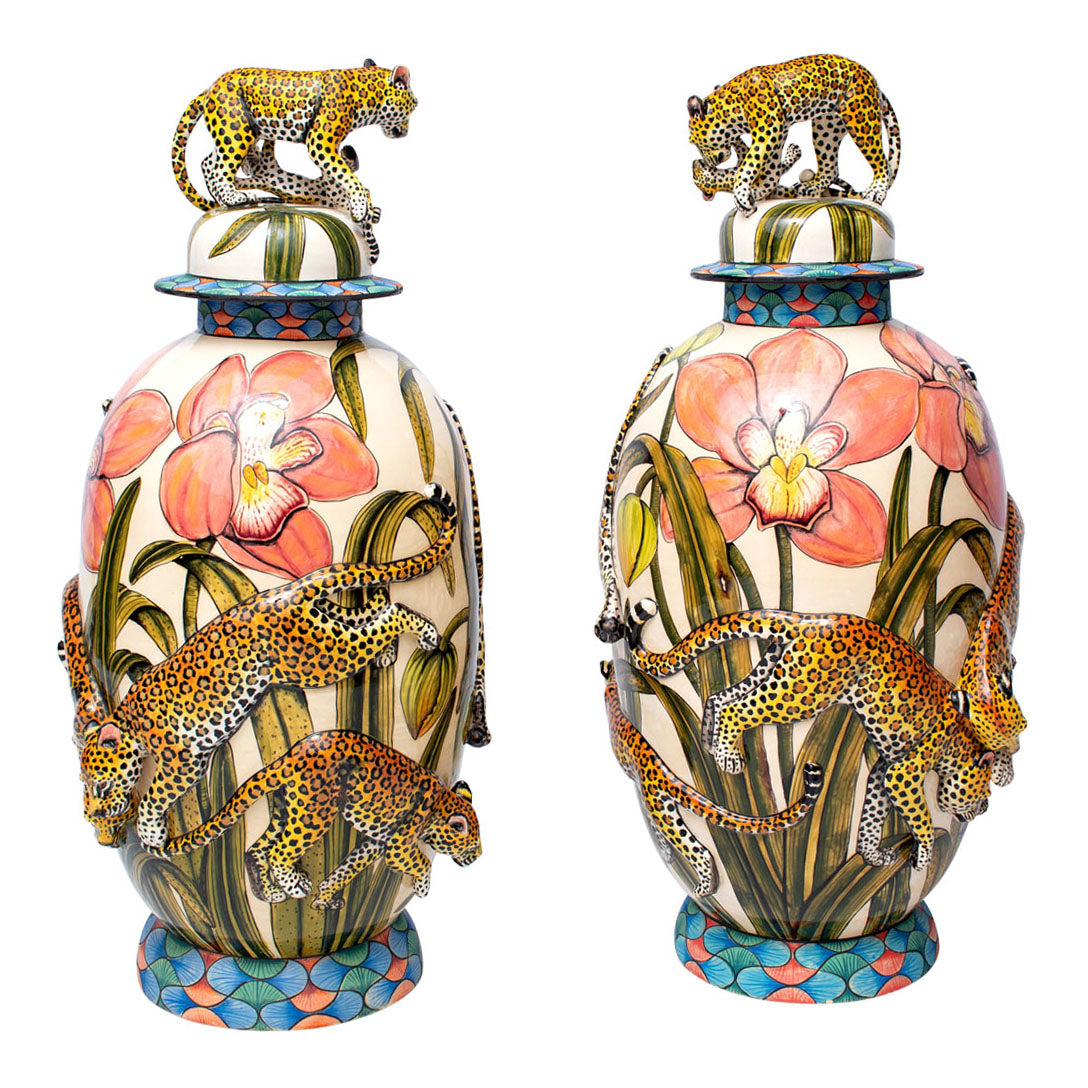 Leopard urns pair