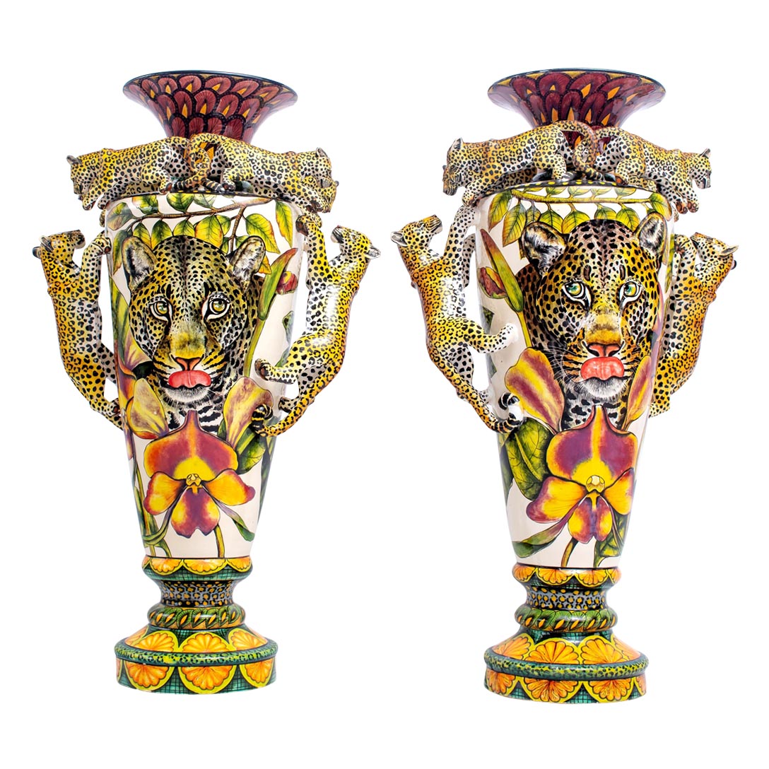 Pair of leopard vases