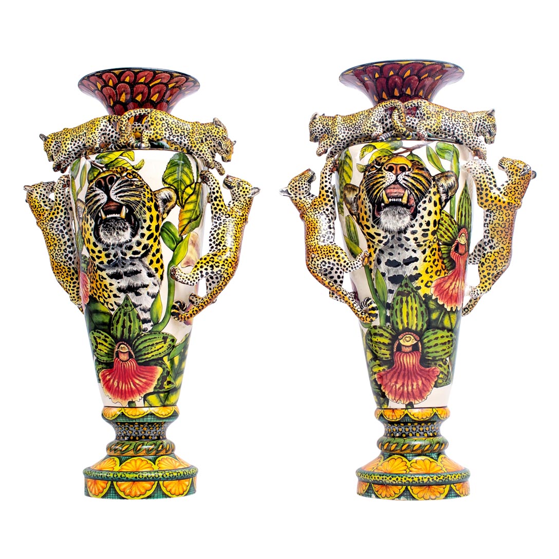 Pair of leopard vases