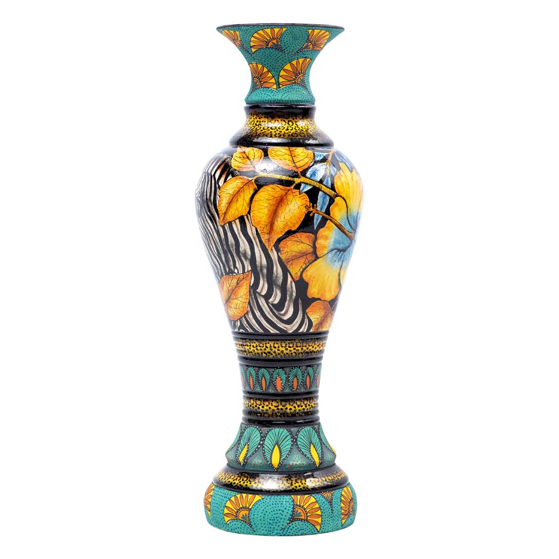 Zebra, hibiscus flower, green,blue,black,gold,orange, vase