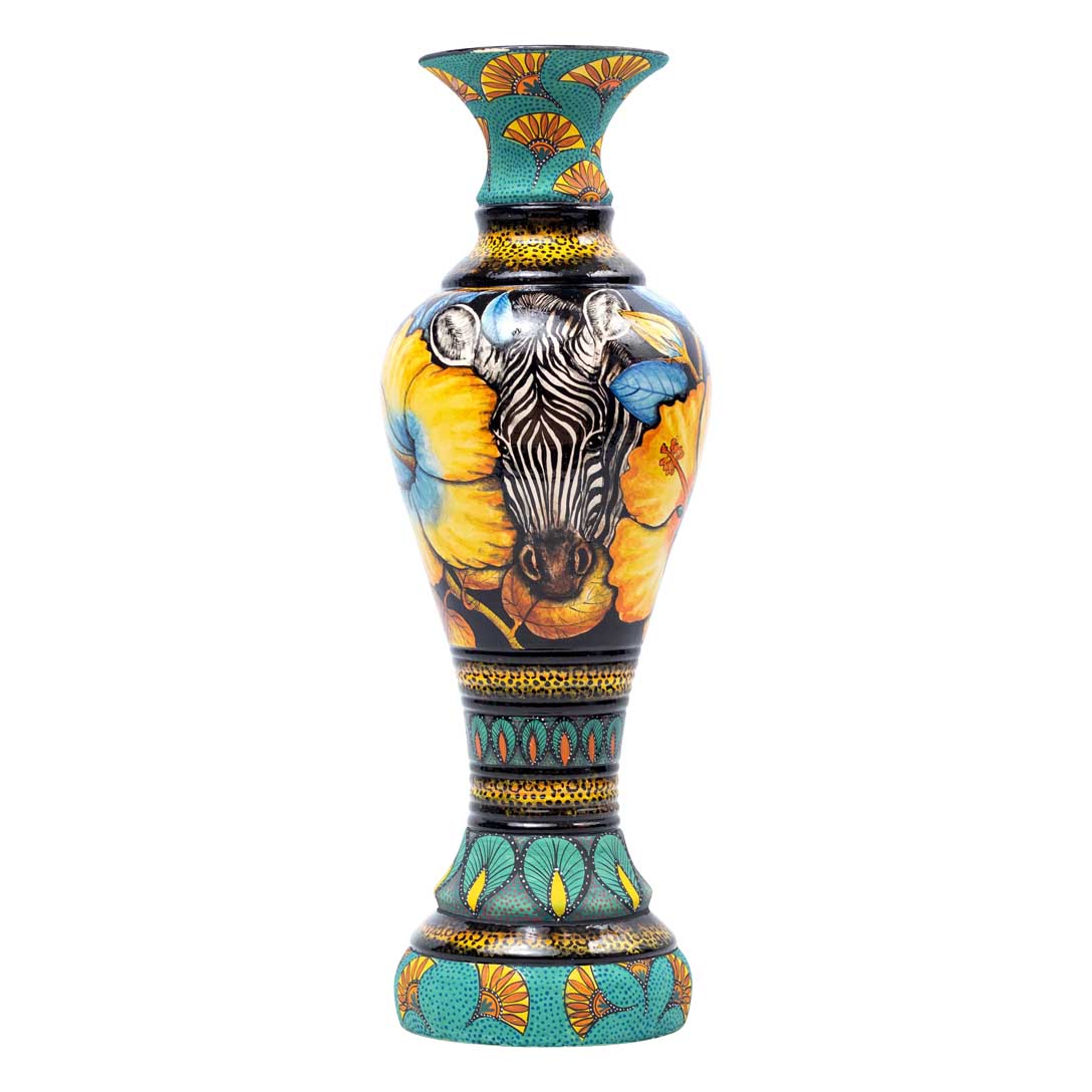 Zebra, hibiscus flower, green,blue,black,gold,orange, vase