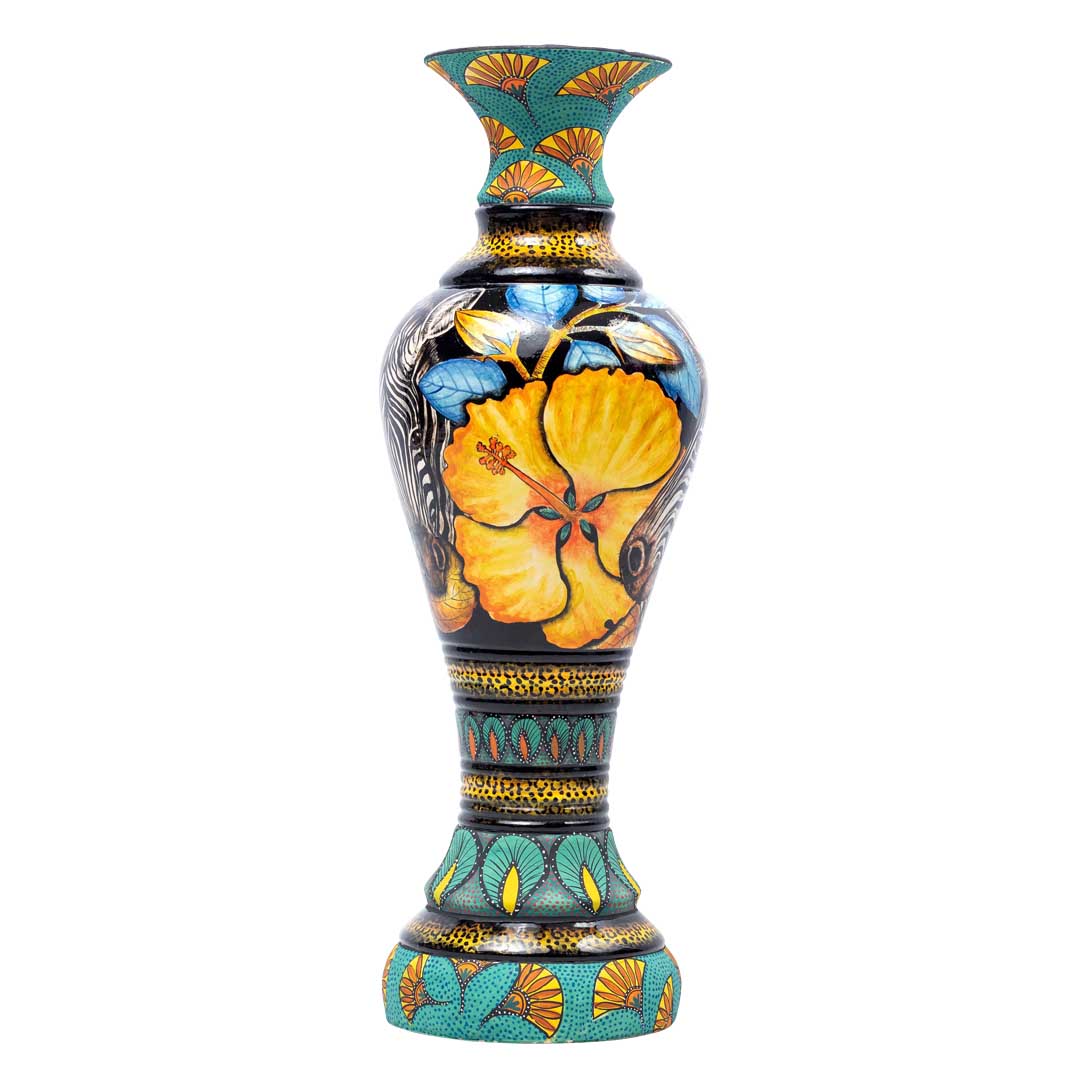 Zebra, hibiscus flower, green,blue,black,gold,orange, vase