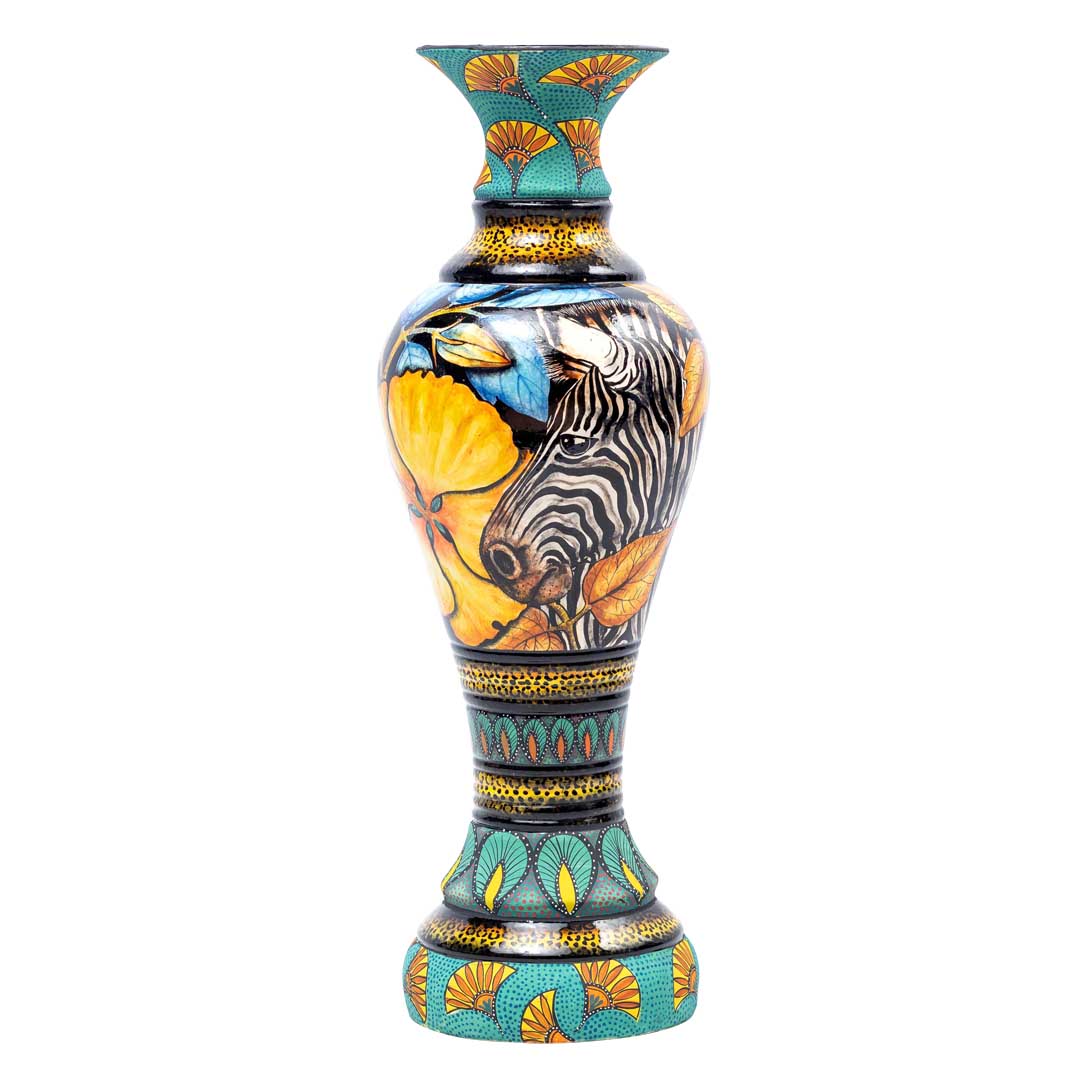 Zebra, hibiscus flower, green,blue,black,gold,orange, vase