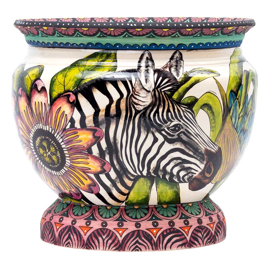 Zebra with protea flowers planter