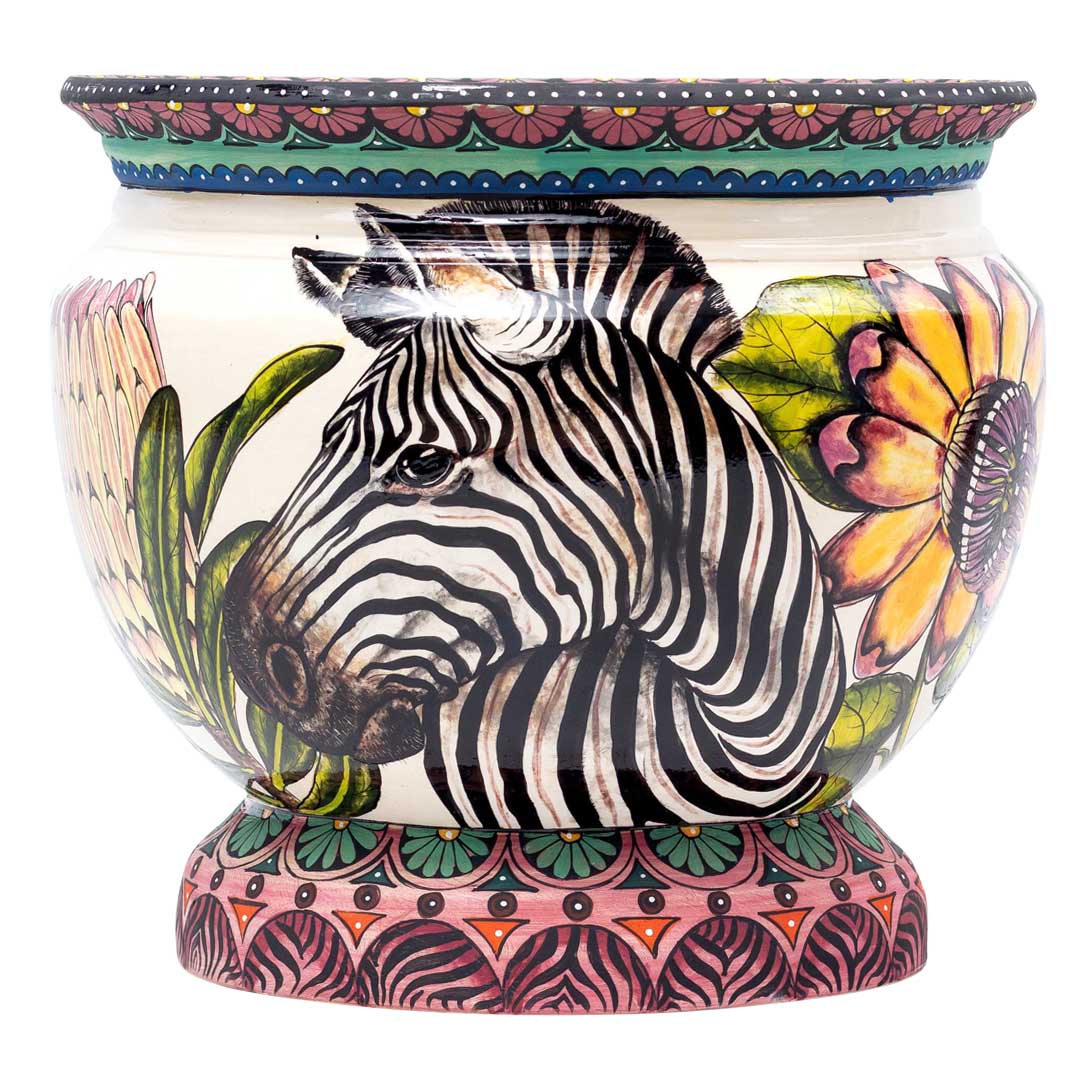 Zebra with protea flowers planter