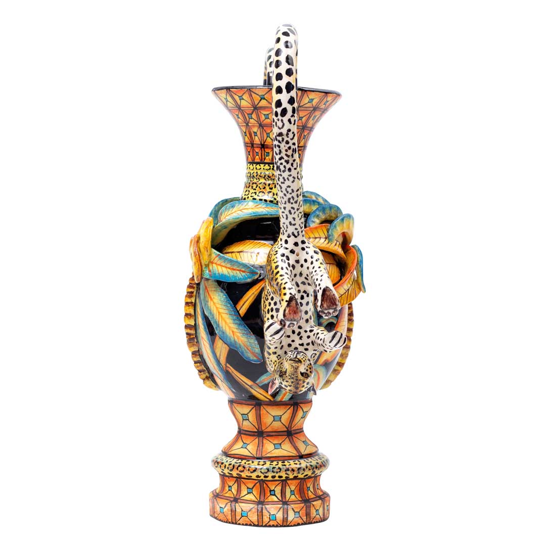 Leopard, accasia tree, blue,orange,gold,black, vase