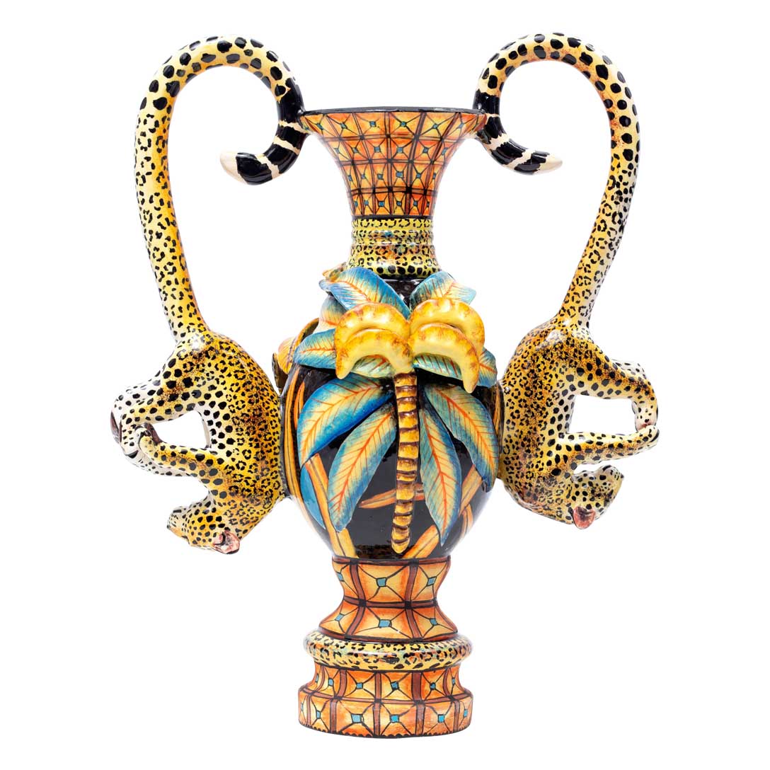 Leopard, accasia tree, blue,orange,gold,black, vase