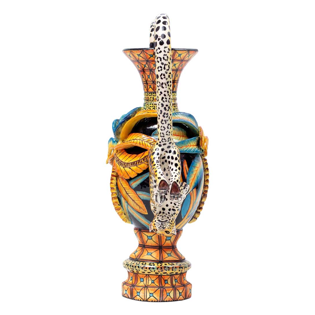 Leopard, accasia tree, blue,orange,gold,black, vase