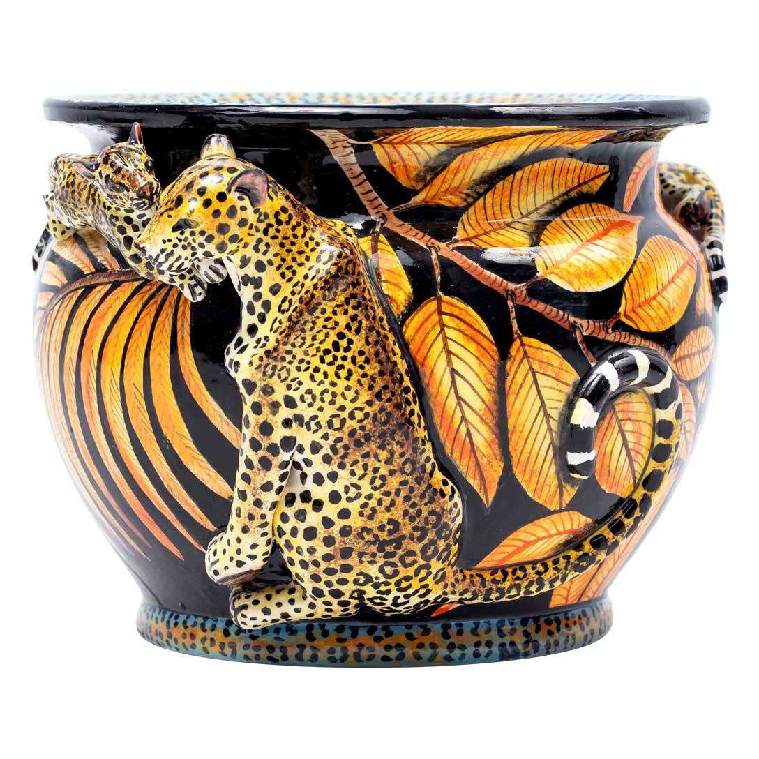 Leopards, hibiscus flower, blue,orange,gold,black, pot plant