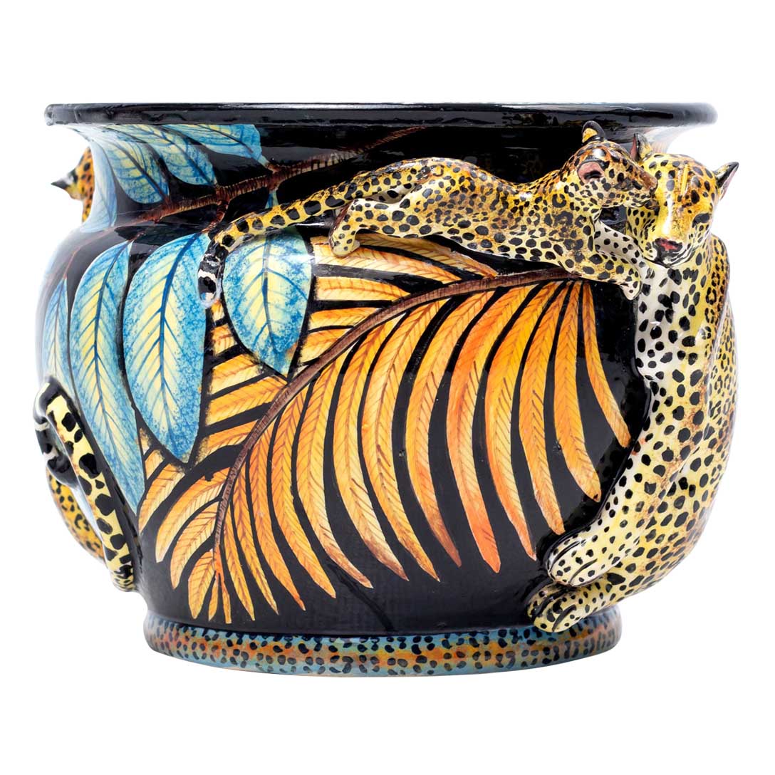 Leopards, hibiscus flower, blue,orange,gold,black, pot plant