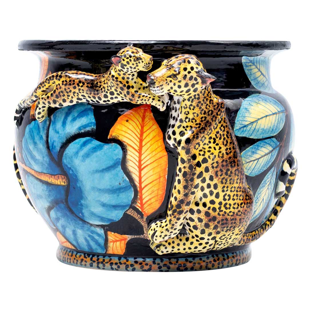 Leopards, hibiscus flower, blue,orange,gold,black, pot plant