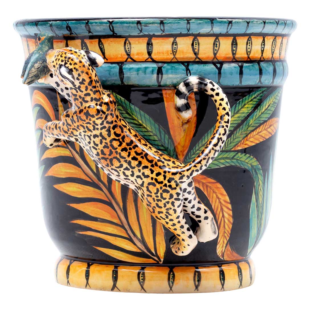 Leopard, kingfisher ,palm leaves,blue, gold,black pot plant