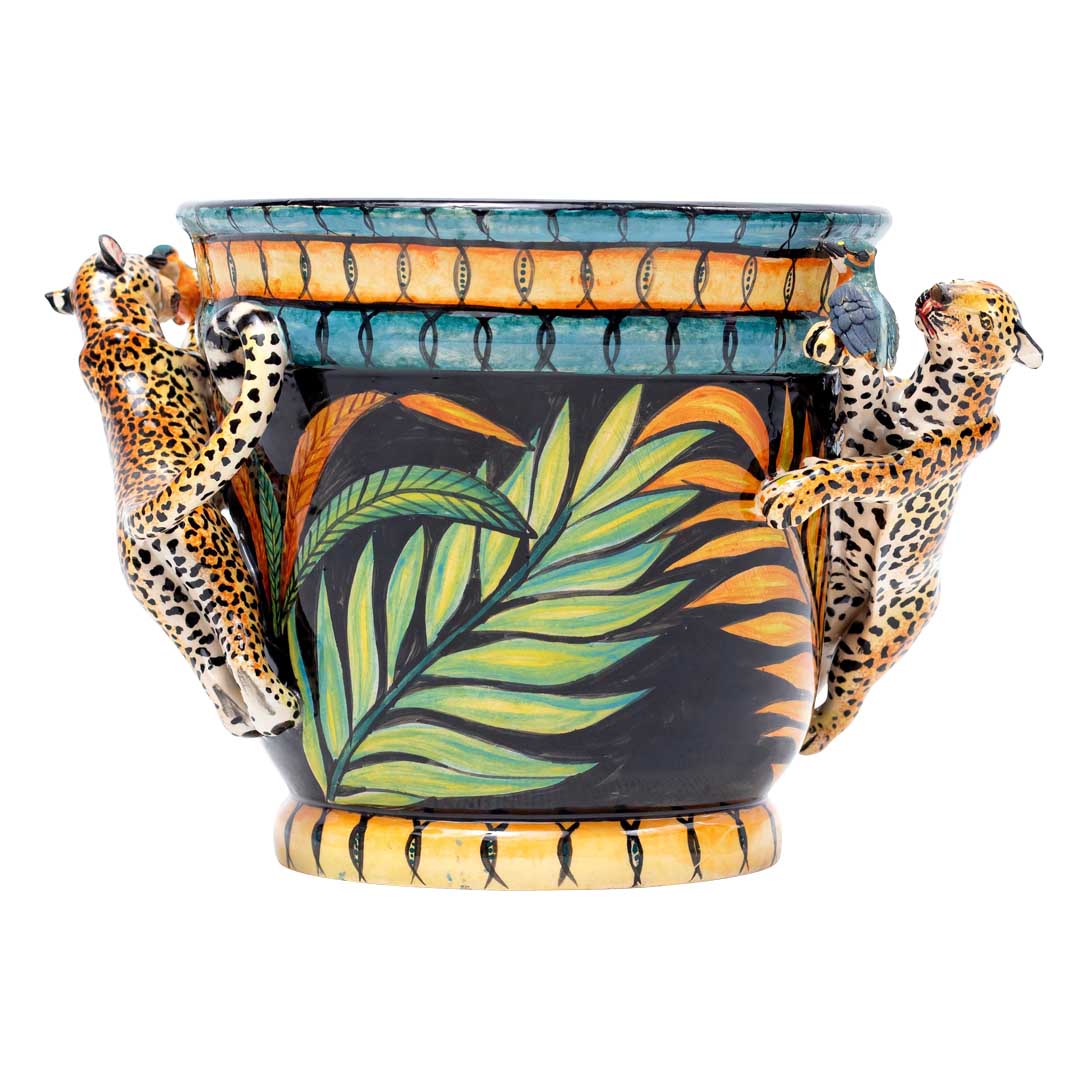 Leopard, kingfisher ,palm leaves,blue, gold,black pot plant