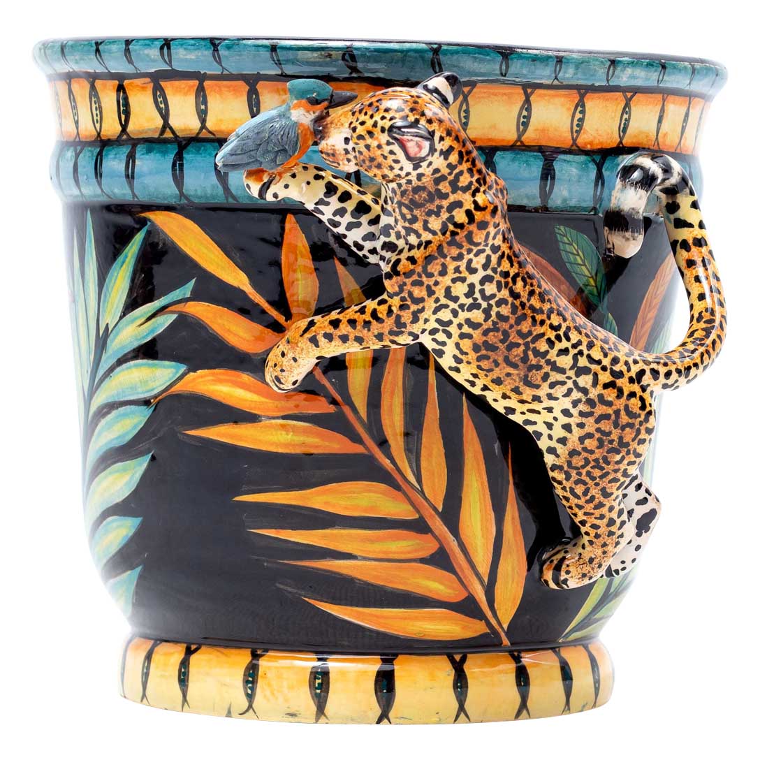 Leopard, kingfisher ,palm leaves,blue, gold,black pot plant